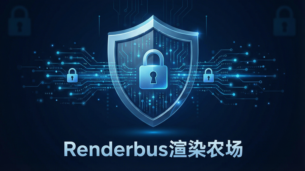 一张展示Renderbus渲染农场安全加密机制的示意图,主体是一个盾牌图标包裹着数据流,布局为居中构图,排版稳重,风格为科技安全风,细节包括锁形符号和“Renderbus渲染农场”文字,画质清晰,干净,无多余元素