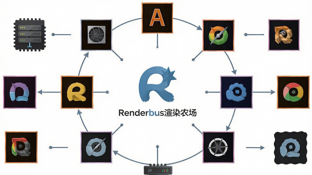 一张展示Renderbus渲染农场兼容多种软件的示意图,画面中心是Renderbus渲染农场的Logo,四周环绕着各大三维软件和渲染器的图标,布局为环形排列,排版清晰,风格为扁平化设计,细节包括图标之间的连接线和“Renderbus渲染农场”文字,画质干净,无多余元素