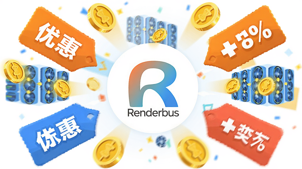 一张展示Renderbus渲染农场计费与优惠活动的宣传图,主体是金币和折扣标签围绕Renderbus渲染农场Logo,布局为居中发散式,排版活泼,风格为商业插画风,细节包括“优惠”字样和渲染节点图案,画质明亮,干净,无多余元素