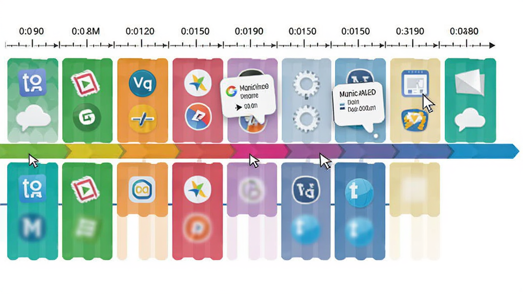 ManicTime自动追踪功能概念图,主体为一条横向延伸的彩色时间轴,布局从左到右依次排列不同颜色的时间块,排版上方标注时间刻度,风格为扁平化信息图表风,细节包含应用图标嵌入时间块、鼠标指针悬停显示详情气泡,画质为高清,干净无多余元素