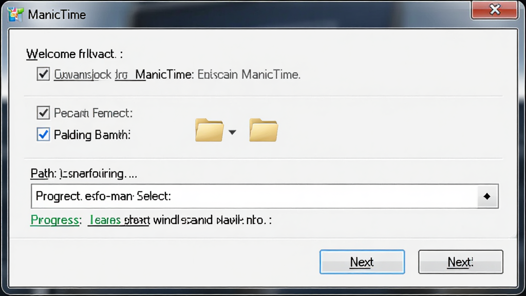 ManicTime安装设置向导界面示意图,主体为Windows风格对话框窗口,布局从上到下依次为欢迎语、勾选项、路径选择框、下一步按钮,排版居中,风格为软件安装界面写实风,细节包含复选框勾选状态、文件夹图标、进度提示文字,画质为高清,干净无多余元素