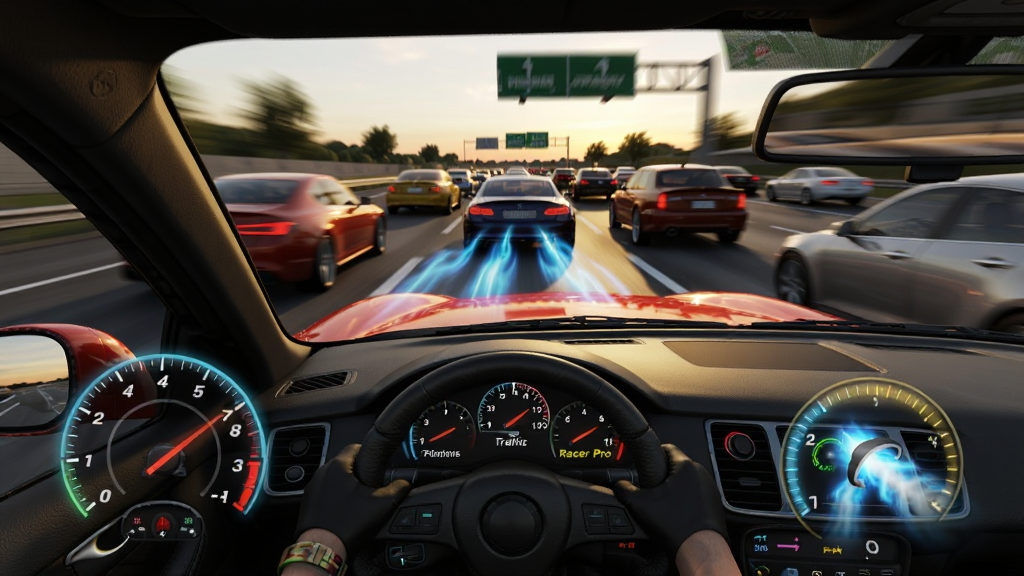 ����ΪTraffic Racer Pro��Ϸ�еĸ��ٹ�·���ٳ��������ֲ��õ�һ�˳Ƽ�ʻ�ӽǣ��Ű�Ϊ��������չʾ��ҳ����������ܼ����������Ϊдʵ3D��Ⱦ��ϸ�ڰ����Ǳ��̡�����������Ч����̬ģ��������ƻ���գ����ʸ��壬�ɾ����޶���Ԫ��