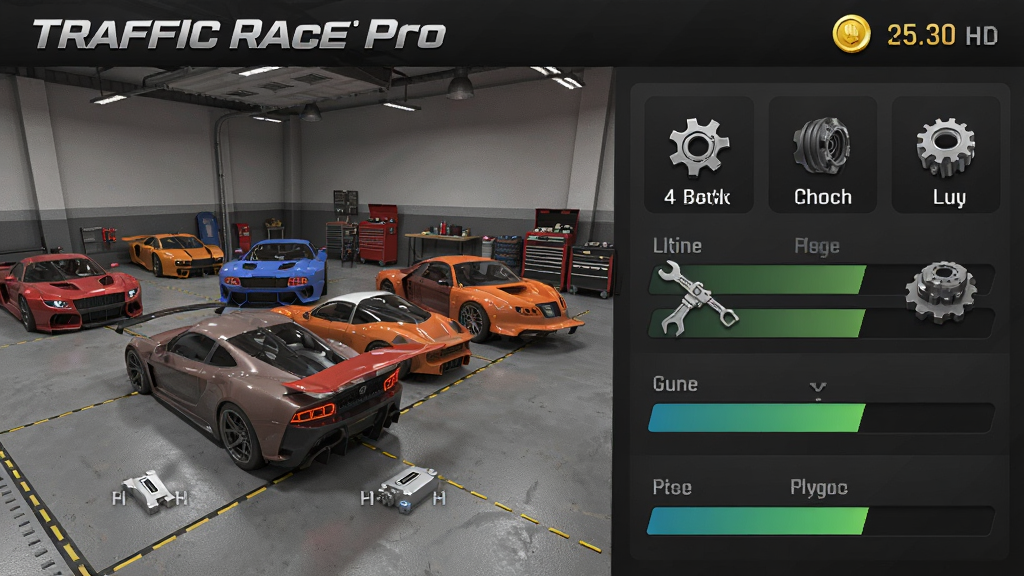 ����ΪTraffic Racer Pro��Ϸ�����װ���棬����Ϊ��೵��չʾ���Ҳ���������ѡ��Ű�Ϊ������������Ϊдʵ3D���ⳡ����ϸ�ڰ��������ܳ�����װ���ͼ�ꡢ������������������������ʸ��壬�ɾ����޶���Ԫ��