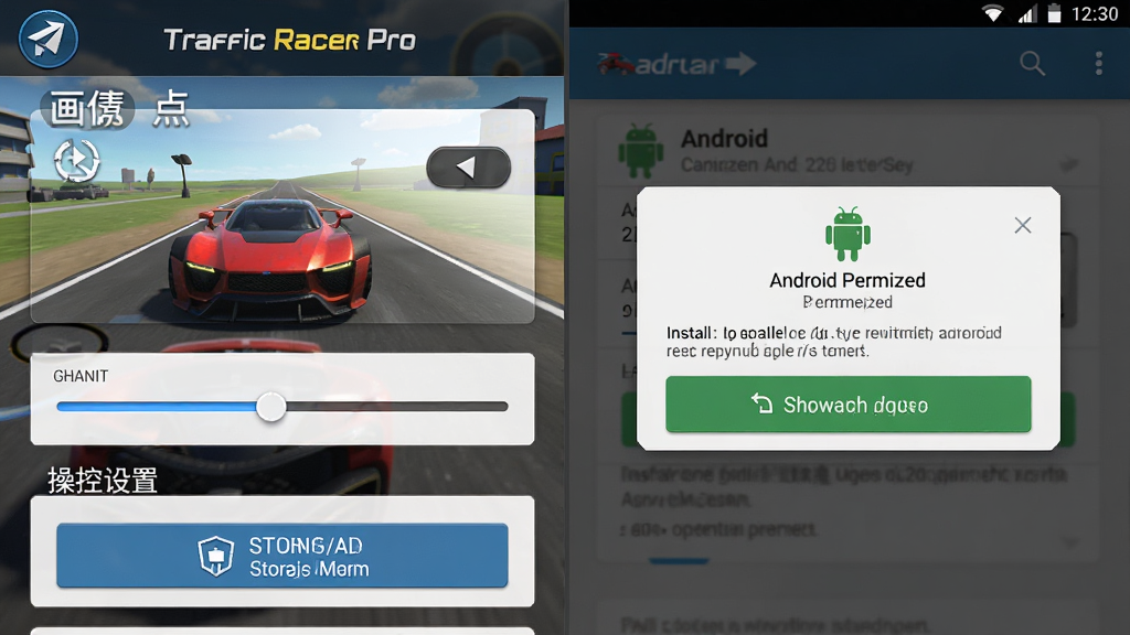 ����ΪTraffic Racer Pro��Ϸ���ý������ֻ���װȨ�޵���������Ϊ���ҷ������Ű����Ϊ������ٿ�����ѡ��Ҳ�Ϊ��׿Ȩ����Ȩ���������Ϊдʵ3D��ϷUI��ϵͳ�����ϣ�ϸ�ڰ�����бת�򿪹ء����ʻ��顢�洢Ȩ�ް�ť�밲װ��ʾ���֣����ʸ��壬�ɾ����޶���Ԫ��
