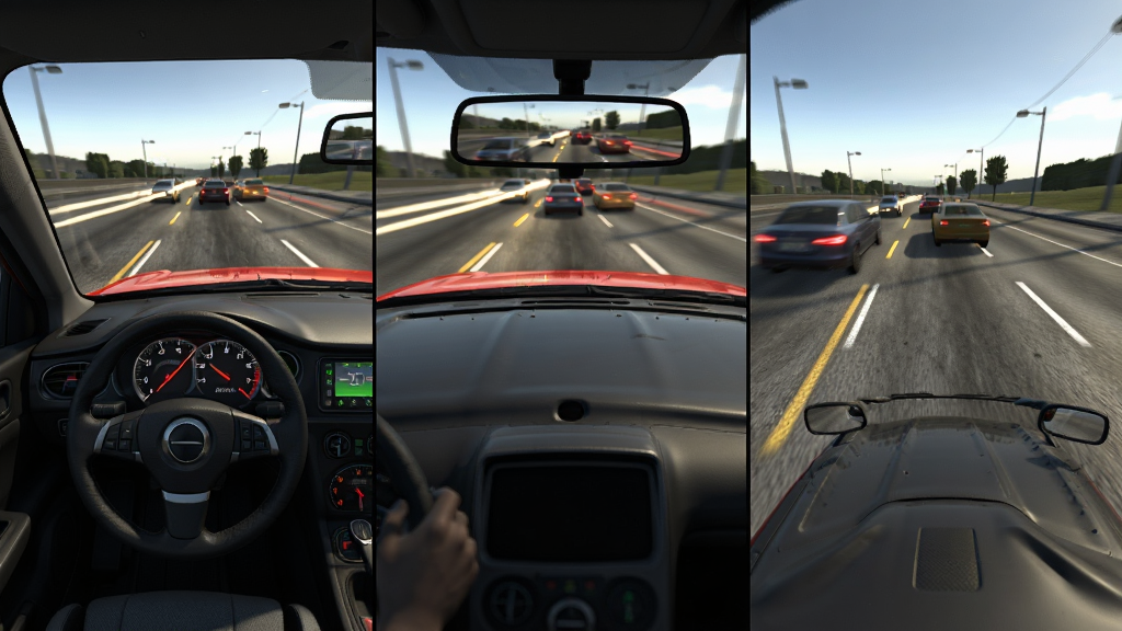 ����ΪTraffic Racer Pro��Ϸ�ڶ��ӽǼ�ʻ���棬����Ϊ��������չʾ�����ӽǡ�������ӽ���׷β�ӽǣ��Ű����룬���Ϊдʵ3D��Ϸ��ͼ�磬ϸ�ڰ����Ǳ���ָ�롢���Ӿ���������Ӱ��·�����������ʸ��壬�ɾ����޶���Ԫ��