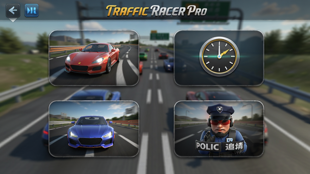 ����ΪTraffic Racer Pro��Ϸģʽѡ����棬����Ϊ���������ĸ�ģʽͼ�꣬�Ű�Ϊ2x2���񣬷��Ϊдʵ3D��ϷUI��ϸ�ڰ������޾��١���ʱ����˫�����뾯��׷��ģʽͼ�ꡢ����Ϊ���ٹ�·�黯���������ʸ��壬�ɾ����޶���Ԫ��