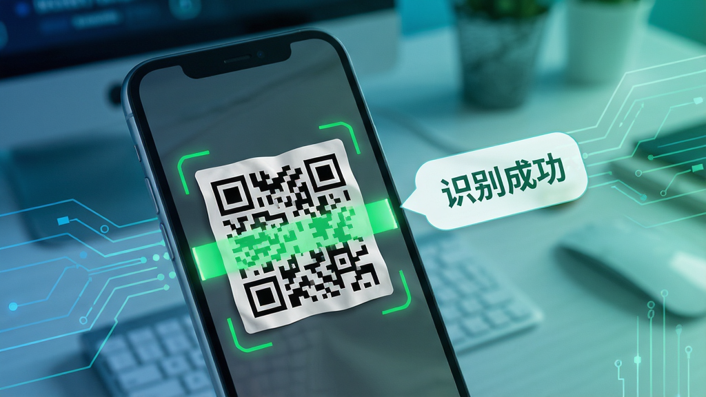 一张展示万能扫码王极速识别功能的图片,画面中手机正在扫描一张略有褶皱的二维码,屏幕内显示绿色扫描线正在读取,旁边浮现「识别成功」的提示气泡,背景为虚化的桌面环境,科技感线条点缀,蓝绿色调,高清画质,干净简洁