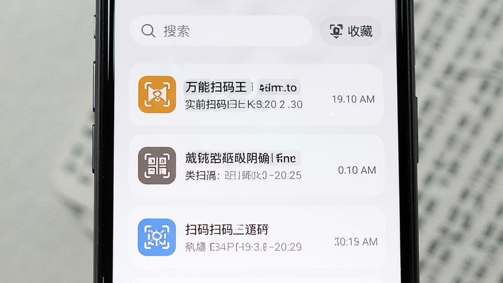 一张展示万能扫码王历史记录界面的图片,手机屏幕内呈现按时间排列的扫码记录列表,每条记录左侧有类型图标,右侧显示内容摘要与时间,顶部有搜索框与收藏筛选按钮,界面采用卡片式布局,浅色背景,圆角设计,高清画质,无杂乱元素