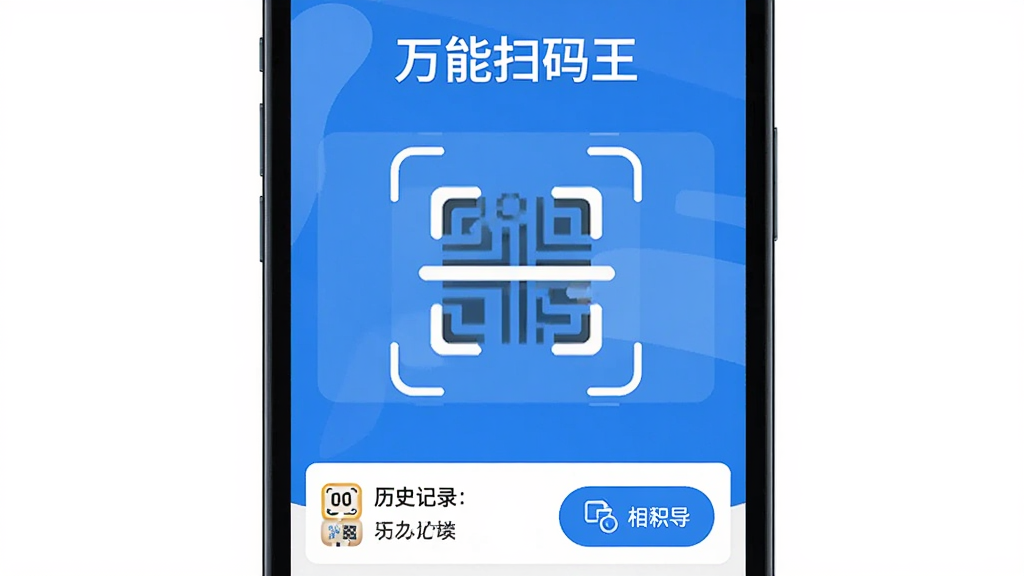 一张手机屏幕展示万能扫码王应用主界面的图片,画面居中构图,上方为软件名称「万能扫码王」文字标识,中间为醒目的扫码取景框,下方排列历史记录与相册导入按钮,整体采用蓝白配色,扁平化设计风格,界面干净无多余元素,高清画质,适合软件下载站展示