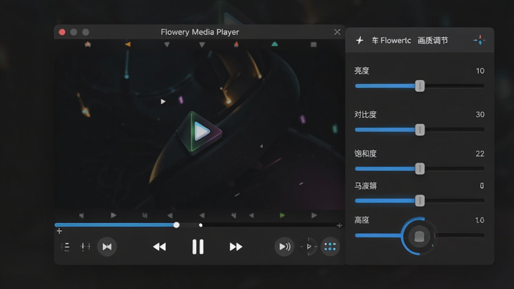 一张展示炫彩新视听(Flowery Media Player)画质调节面板的图片,画面中央为播放器窗口,窗口右侧展开调节滑块面板,面板上有亮度、对比度、饱和度等滑块,背景为深灰色,布局为居中偏右,风格为专业工具风,细节上滑块带有蓝色高亮,画质为高清,画面干净整洁