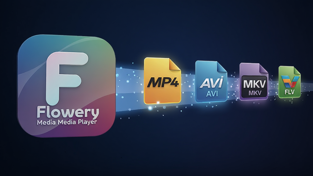 一张横向宽幅图片,画面左侧为炫彩新视听(Flowery Media Player)软件图标,右侧依次排列MP4、AVI、MKV、FLV等格式图标,所有图标被一条光带串联,背景为深蓝色渐变,布局采用左中右三分法,风格为扁平化科技风,细节上各格式图标带有微光效果,画质清晰锐利,画面干净无杂乱元素