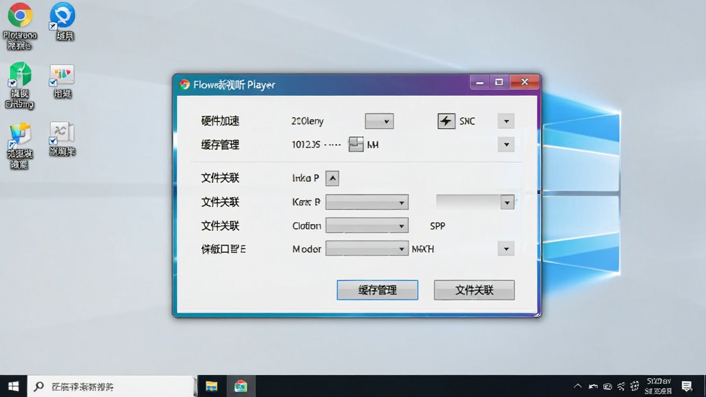 一张展示炫彩新视听(Flowery Media Player)在Windows电脑上运行时的设置界面截图,画面中央为设置窗口,窗口内显示“硬件加速”“缓存管理”“文件关联”等选项,背景为浅灰色桌面,布局为居中,风格为实用工具风,细节上选项文字清晰,画质为高清,画面干净无多余元素