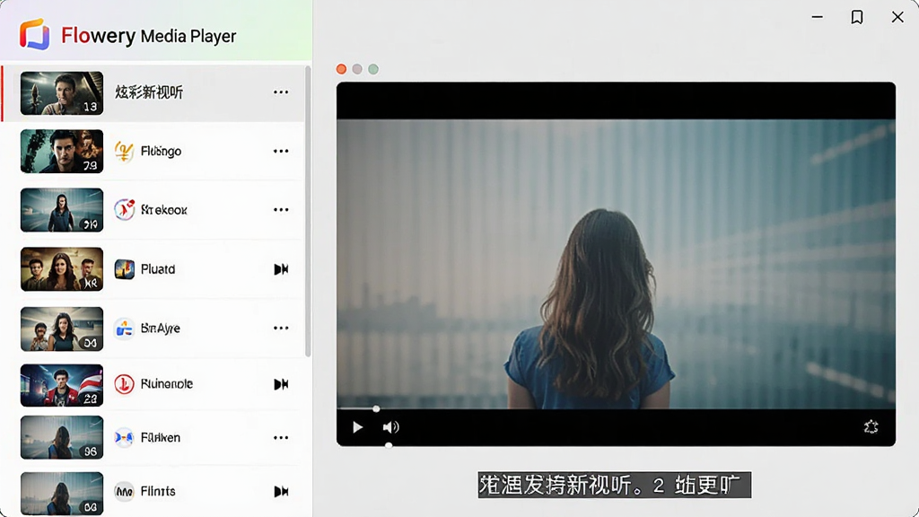 一张图片展示炫彩新视听(Flowery Media Player)播放列表界面,画面左侧为播放列表栏,列有多部影片名称,右侧为播放窗口,窗口下方显示字幕文字,背景为浅灰色,布局为左右分栏,风格为简洁实用风,细节上列表项带有缩略图,画质清晰,画面干净无多余元素