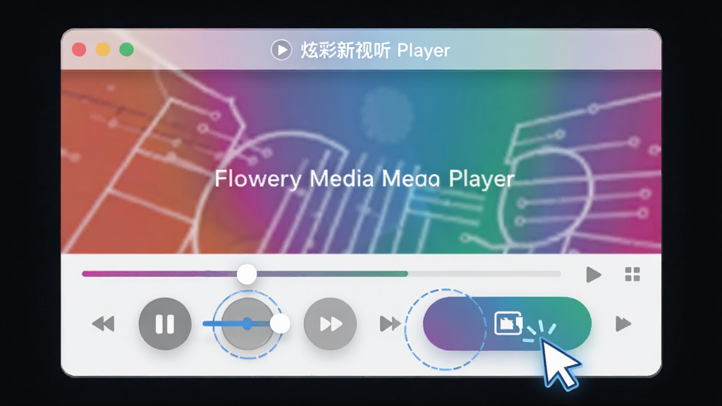 一张展示炫彩新视听(Flowery Media Player)倍速播放与截图功能的图片,画面中央为播放器窗口,窗口底部显示倍速调节按钮和截图按钮,按钮旁有光标点击效果,背景为深色,布局为居中,风格为现代科技风,细节上按钮图标清晰,画质为高清,画面干净无多余装饰
