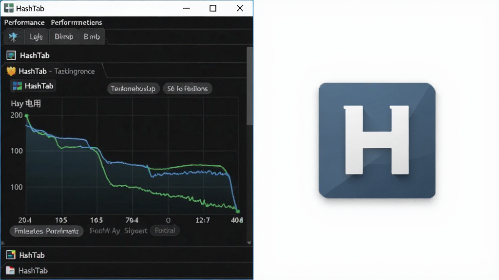 HashTab 软件资源占用示意图,主体为任务管理器性能面板与 HashTab 图标并列,布局为左右对比,风格为简约科技风,细节包含低占用曲线与轻量标签,画质清晰,干净,无多余元素