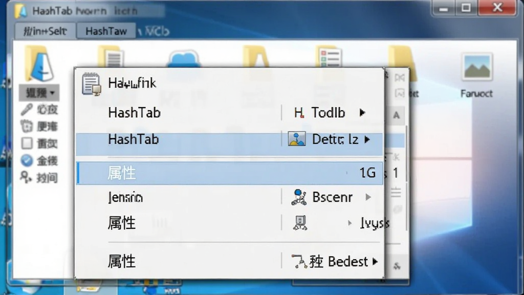 HashTab 软件在 Windows 右键菜单中的集成效果,主体为文件右键菜单弹出列表,菜单中高亮显示“属性”选项,背景为桌面文件夹窗口,布局简洁,风格为写实软件展示图,细节包含菜单阴影、图标点缀,画质清晰,干净,无多余元素