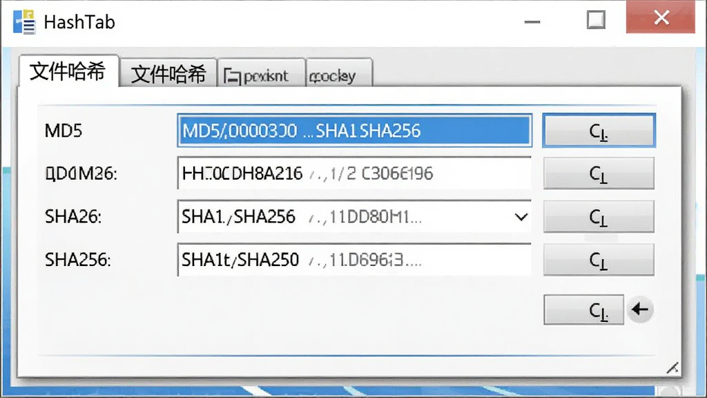 HashTab 软件界面全貌展示,主体为 Windows 文件属性窗口,窗口内嵌“文件哈希”选项卡,清晰排列 MD5、SHA1、SHA256 等哈希值字段与复制按钮,布局整洁,风格为写实软件截图风,细节包含蓝色选中高亮、白色背景、灰色边框,画质清晰,干净,无多余元素