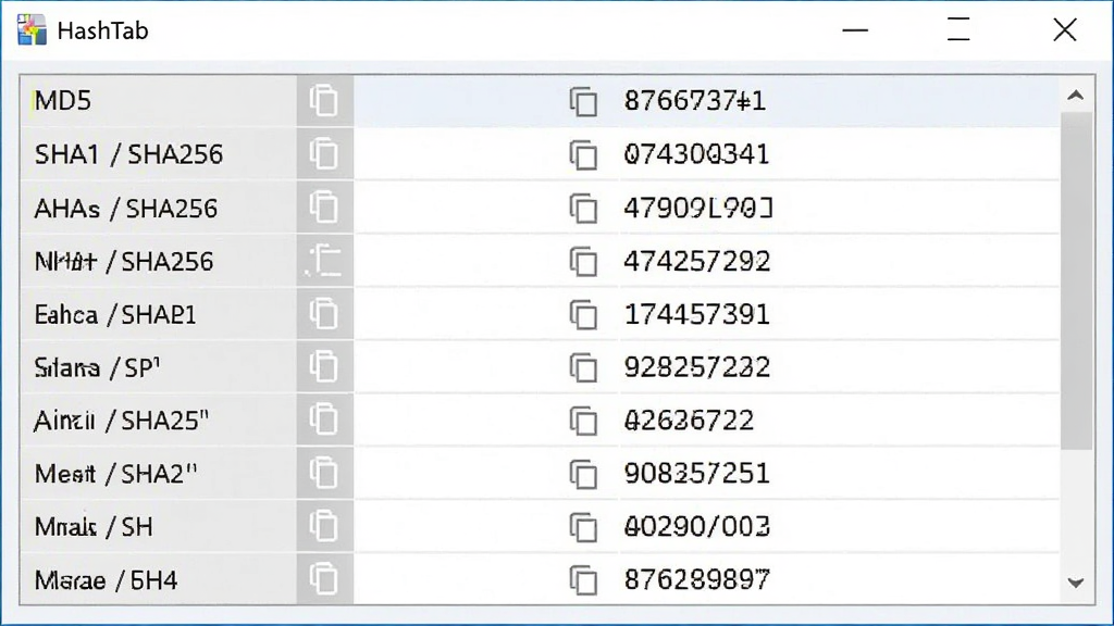 HashTab 软件多算法结果展示界面,主体为文件属性窗口中的哈希列表,布局为纵向排列的算法名称与对应数值,风格为写实软件截图风,细节包含 MD5、SHA1、SHA256 等标签与复制图标,画质清晰,干净,无多余元素