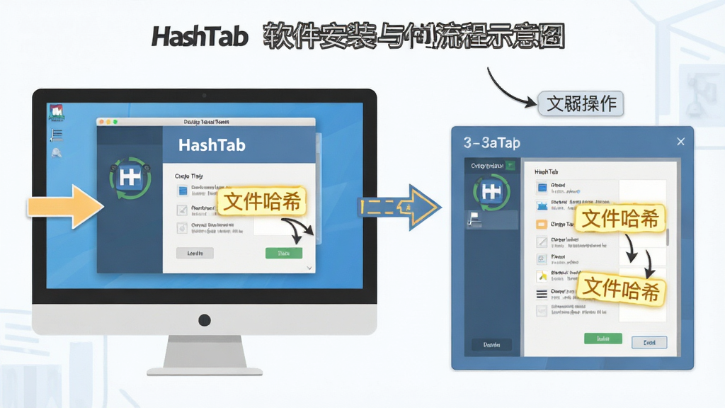 HashTab 软件安装与使用流程示意图,主体为电脑屏幕显示安装向导与右键属性操作步骤,布局为分步展示,风格为扁平化教程风,细节包含箭头指引与“文件哈希”标签高亮,画质清晰,干净,无多余元素