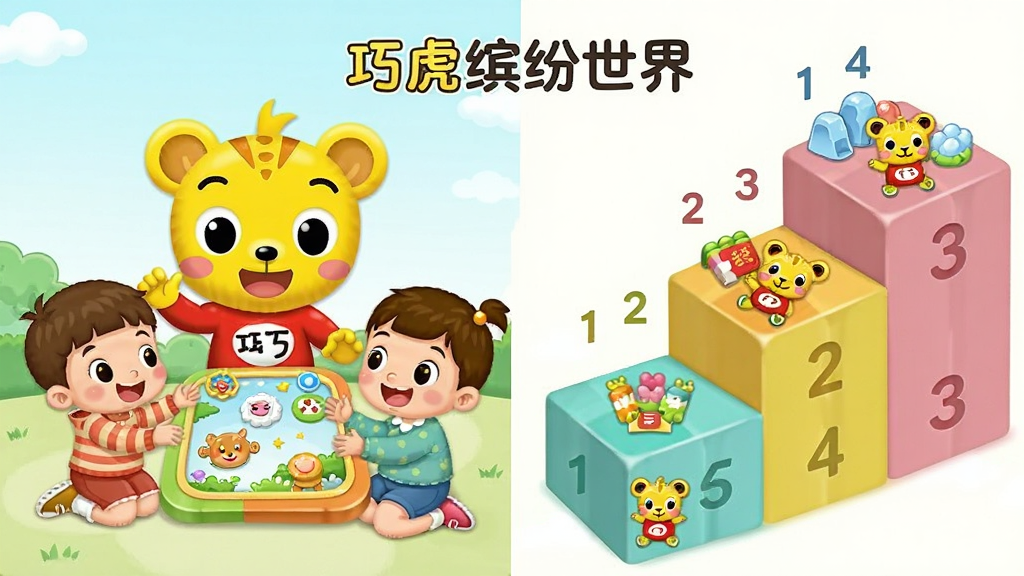 巧虎缤纷世界分龄内容界面展示,画面左侧是巧虎带着不同年龄段的孩子做游戏的场景,右侧是阶梯状的内容模块图标,布局左右对称,风格为清新卡通插画,细节上每个阶梯有数字标识和对应的学习主题图案,画质明亮干净,无多余元素,画面中带有“巧虎缤纷世界”文字