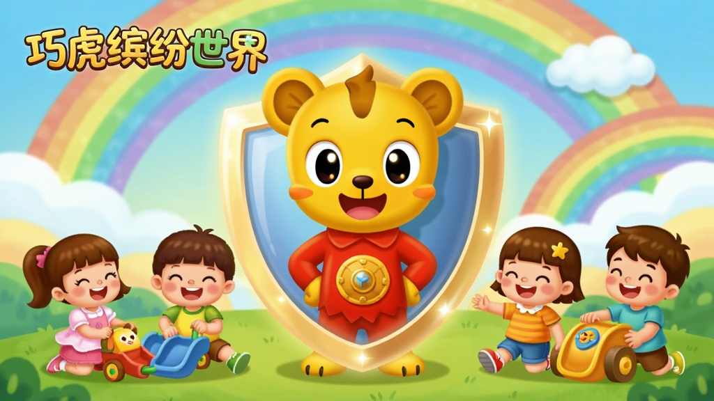 巧虎缤纷世界安全环境示意图,画面以巧虎为守护者形象站在盾牌后方,盾牌前是快乐玩耍的孩子们,布局采用前后景分层构图,风格为温暖卡通风格,细节上盾牌有柔和的光泽、背景有彩虹和云朵,画质细腻干净,无多余元素,画面中带有“巧虎缤纷世界”文字