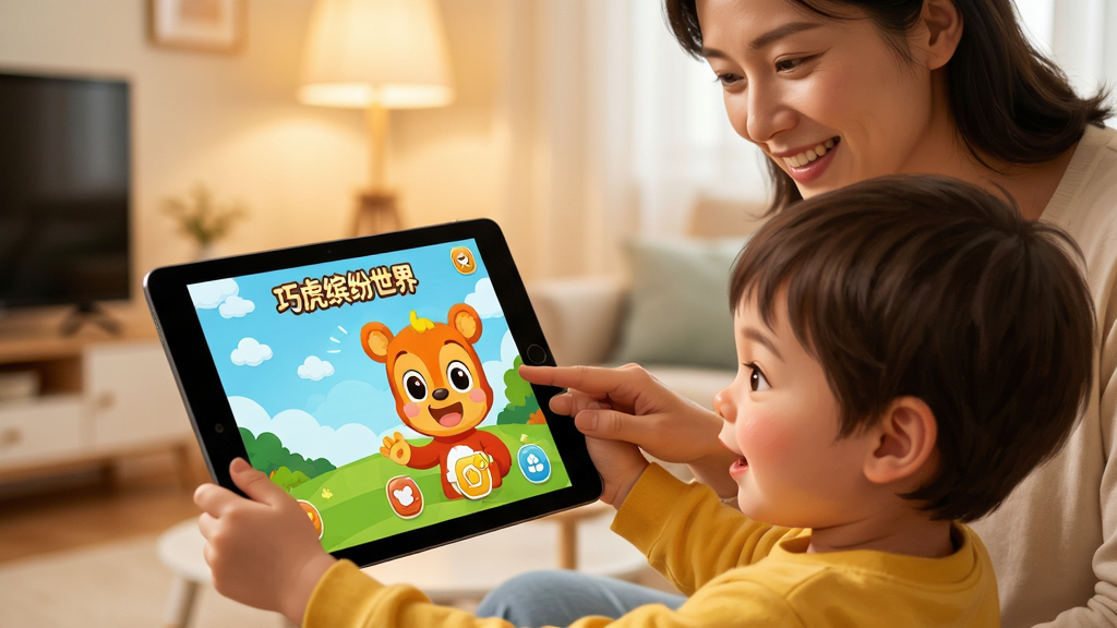 巧虎缤纷世界移动端操作场景图,画面中孩子手持平板电脑与巧虎互动,家长在旁微笑指导,布局采用三分法构图,风格为温馨家庭摄影感插画,细节上屏幕显示巧虎缤纷世界界面、背景有柔和室内光线,画质清晰干净,无多余元素,画面中带有“巧虎缤纷世界”文字