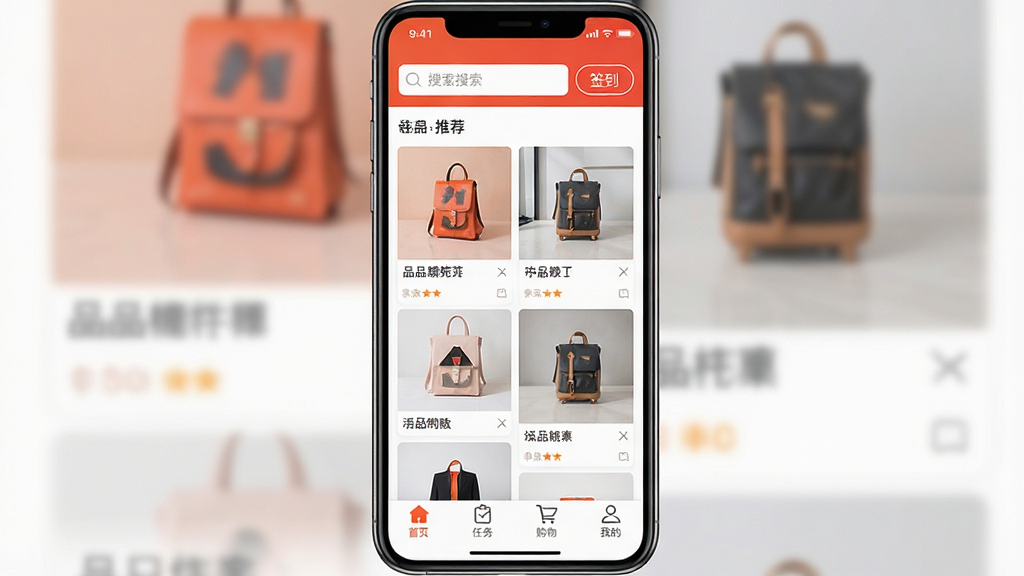 һ���ֻ�Ӧ�ý����ͼ����������չʾƷƷ��APP����ҳ����������������ǩ����ť���в�Ϊ��Ʒ�Ƽ��ٲ������ײ�������������ҳ�����񡢹��ﳵ���ҵ��ĸ�ͼ�꣬������ɫ�ԳȺ����ɫΪ������������죬�������������ʸɾ��޶���Ԫ��
