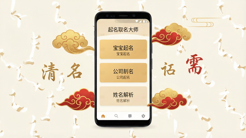 一张展示起名取名大师手机应用界面的预览图,画面中央是一部竖屏安卓手机,手机屏幕上显示着起名取名大师的首页,包含宝宝起名、公司起名、姓名解析等功能入口,手机周围漂浮着金色与红色的中国风祥云纹样和汉字笔画元素,背景为淡雅的米白色,整体布局干净整洁,风格为中国风简约设计,细节上体现姓名学文化氛围,画质高清,画面干净,无多余元素