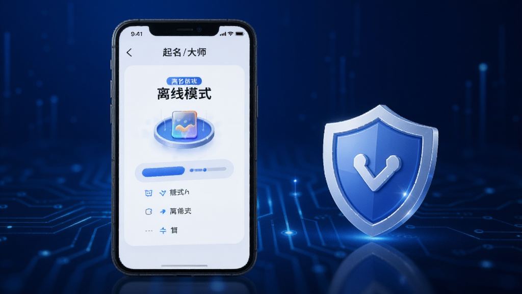起名取名大师离线功能展示图,画面为一部手机在无网络状态下显示起名界面,屏幕上有离线模式标识,手机旁边有一个盾牌图标象征隐私保护,背景为深蓝色科技感渐变,风格为安全可靠视觉表达,画质清晰,画面干净,无多余元素