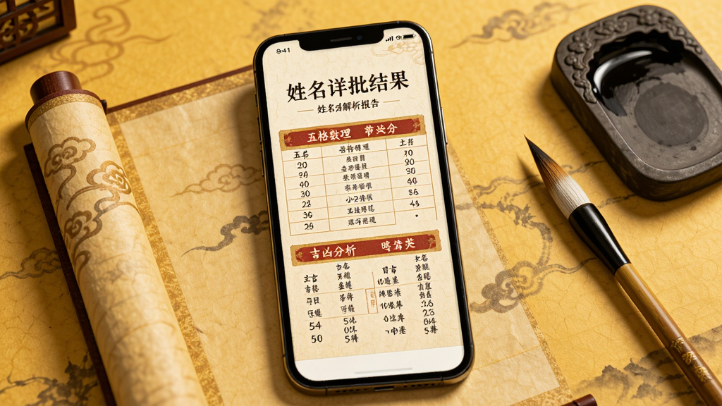 起名取名大师姓名解析报告页面,画面中手机屏幕显示着姓名详批结果,包含五格数理表格和吉凶分析,页面设计为古典卷轴风格,周围点缀着毛笔和砚台元素,背景为暖黄色宣纸质感,风格为传统文化典雅风,画质高清,画面干净,无多余元素