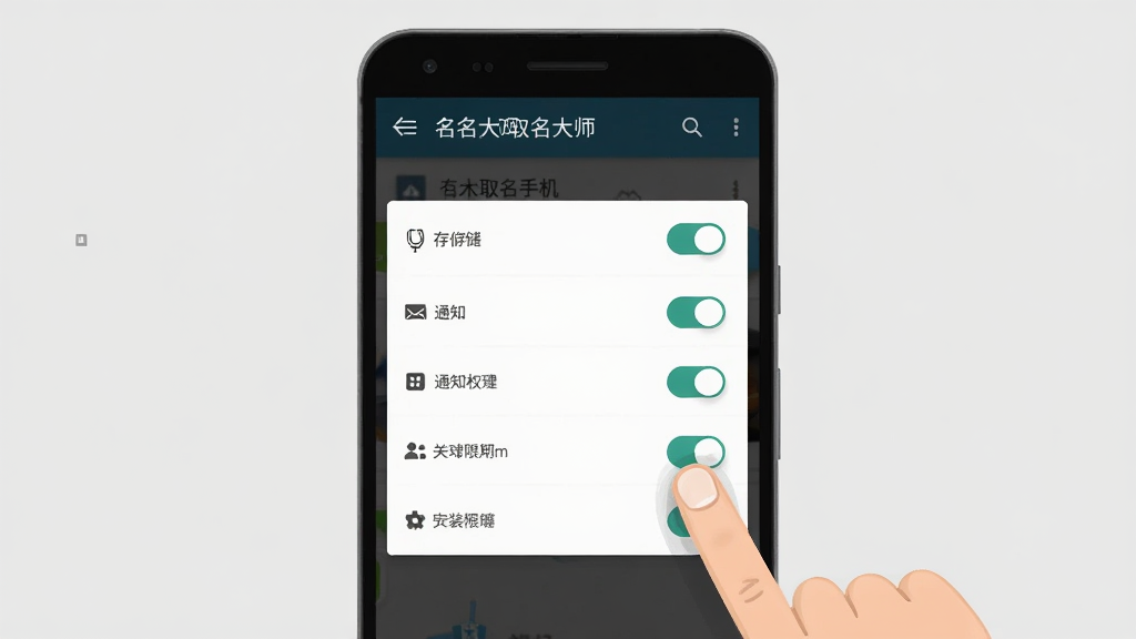 起名取名大师在安卓手机上的安装权限设置界面示意图,画面展示手机屏幕上的权限管理页面,包含存储、通知等开关选项,旁边有手指点击操作的示意,背景为浅灰色,风格为教程图解风,画质清晰,画面干净,无多余元素