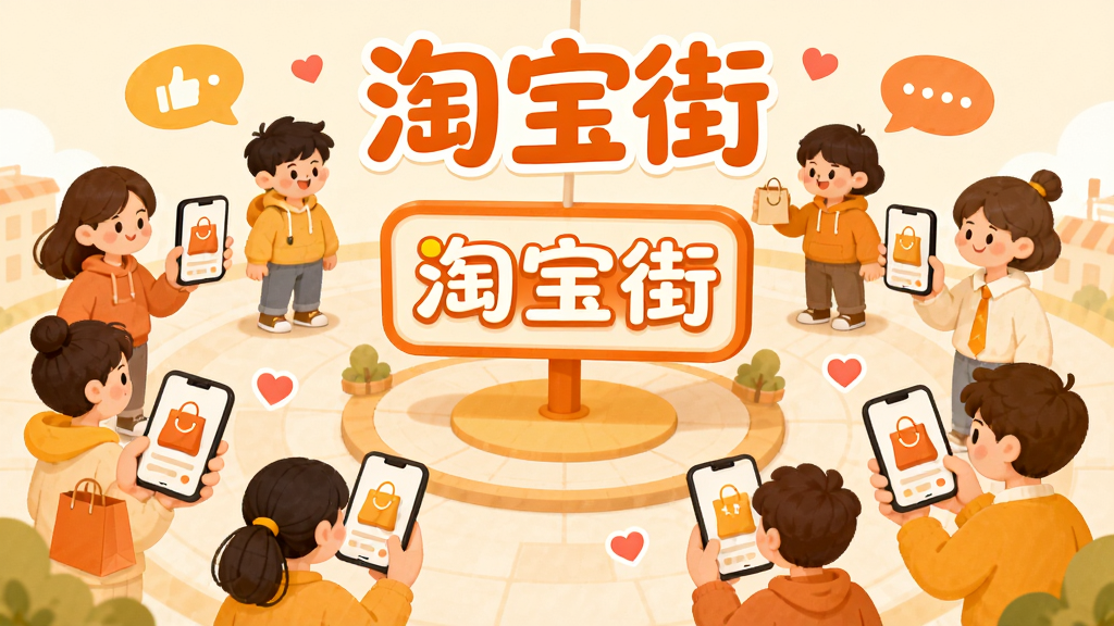 画面主体为多位卡通用户围绕一个圆形社区广场,广场中央悬浮