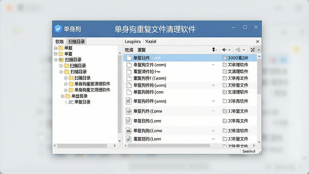一张展示单身狗重复文件清理软件主界面的图片,画面中央是软件窗口,左侧显示扫描目录树,右侧列出重复文件列表,界面风格简洁清爽,背景为浅灰色,突出软件名称“单身狗重复文件清理软件”,整体画质清晰,干净无多余元素