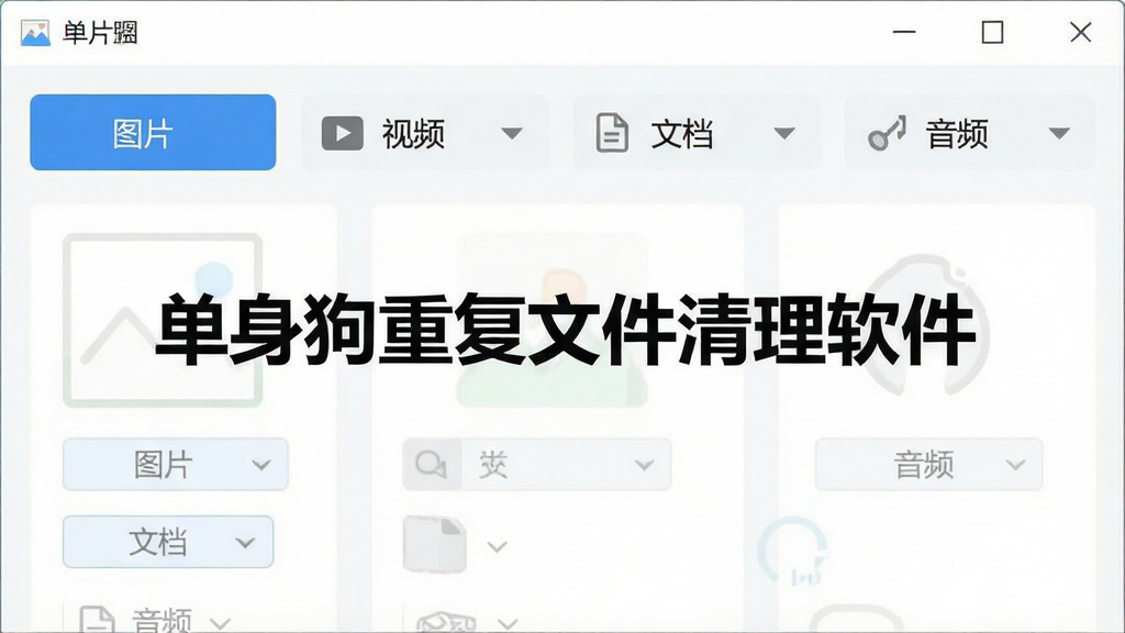 一张软件功能界面截图风格图片,画面中展示多个选项卡和筛选按钮,分别标注“图片”“视频”“文档”“音频”等分类,界面中央有“单身狗重复文件清理软件”的标题,布局清晰,风格现代简约,画质干净无多余元素