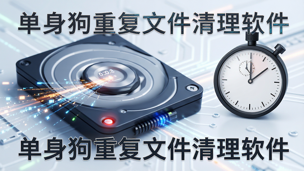 一张表现电脑高速运行的抽象图片,画面中硬盘指示灯闪烁,数据流以光速穿梭,旁边有计时器显示极短时间,画面中嵌入“单身狗重复文件清理软件”字样,科技感强烈,画质清晰,干净无多余元素