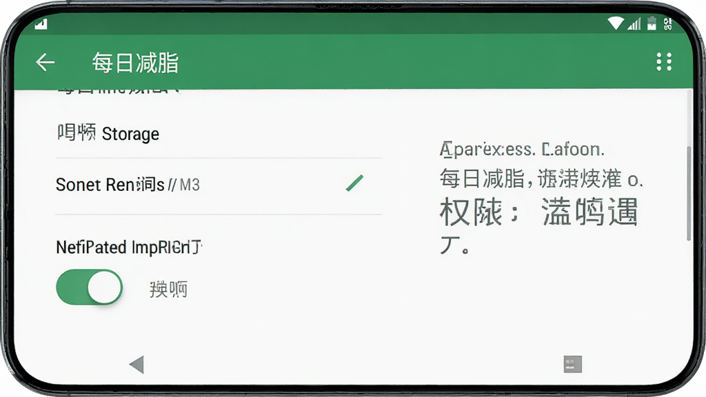 每日减脂应用在安卓手机上的安装与权限设置界面,展示存储权限与通知权限开关,旁边有提示文字说明,整体布局为手机截图样式,风格简洁清晰,绿色强调色,画质高清,干净,无多余元素