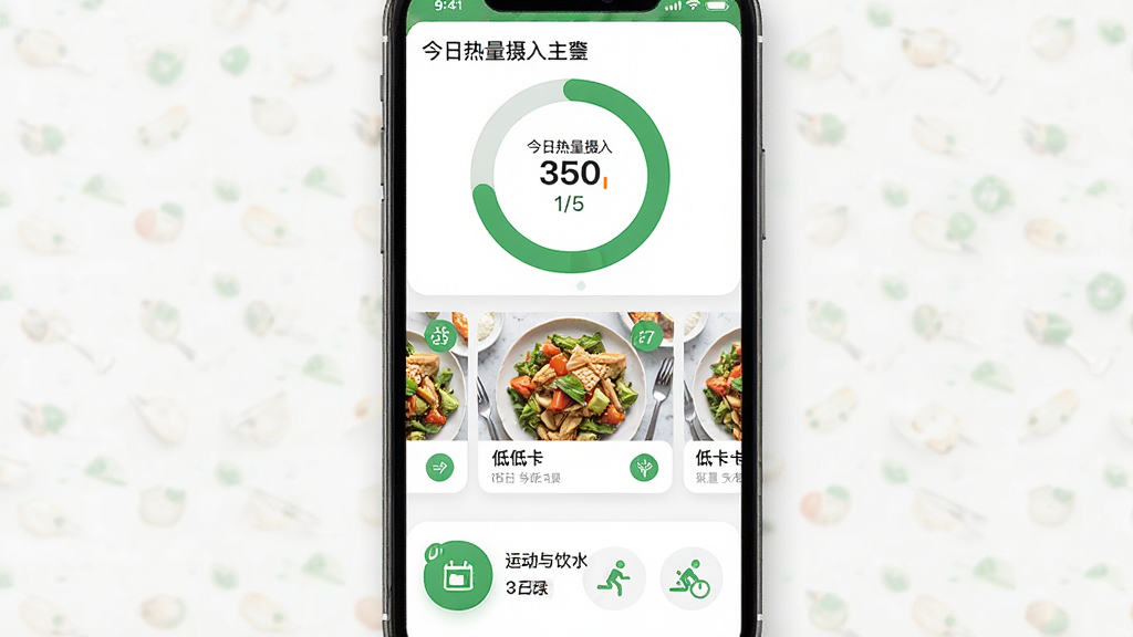 手机屏幕中央展示每日减脂应用主界面,顶部为今日热量摄入环形图表,中部排列三张低卡餐食卡片,底部为运动与饮水记录入口,整体布局清晰,风格清新健康,绿色与白色为主色调,细节包含食物图标与数字标签,画质高清,干净,无多余元素