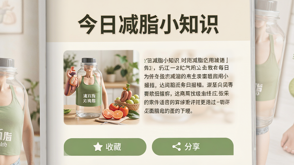 每日减脂应用知识阅读页面,顶部为今日减脂小知识标题,中部为一段图文并茂的科普内容,底部有收藏与分享按钮,整体排版像杂志内页,风格温和易读,米色与绿色搭配,画质高清,干净,无多余元素