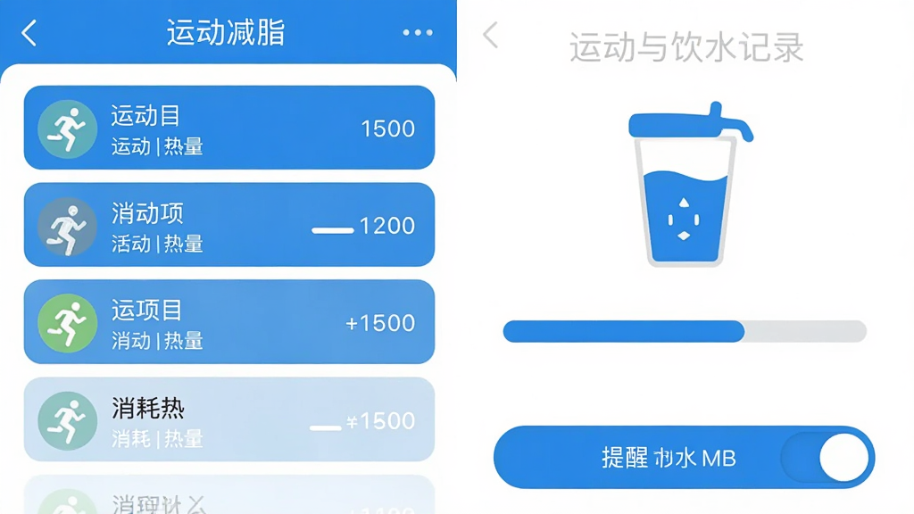 每日减脂应用运动与饮水记录界面,左侧显示运动项目列表与消耗热量,右侧为饮水杯图标与进度条,底部有提醒开关按钮,整体布局对称,风格简约清爽,蓝色与白色为主,画质高清,干净,无多余元素