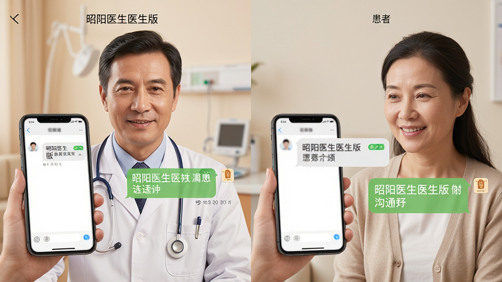 一张展示昭阳医生医生版医患沟通界面的生图,主体为医生和患者通过手机对话气泡交流,布局为左右分栏左侧医生端右侧患者端,排版采用对话流形式,风格为温暖医疗沟通风,细节包括消息已读标记、附件图标、时间戳,画质清晰干净无多余元素,图片中文字标注为“昭阳医生医生版”