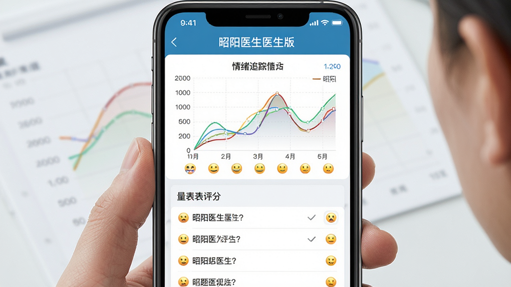 一张表现昭阳医生医生版量表评估功能的生图,主体为手机屏幕显示情绪追踪折线图和量表评分界面,布局为上方图表下方问题选项,排版采用上下结构,风格为数据可视化医疗风,细节包括彩色曲线、刻度线、表情符号图标,画质清晰干净无多余元素,图片中文字标注为“昭阳医生医生版”