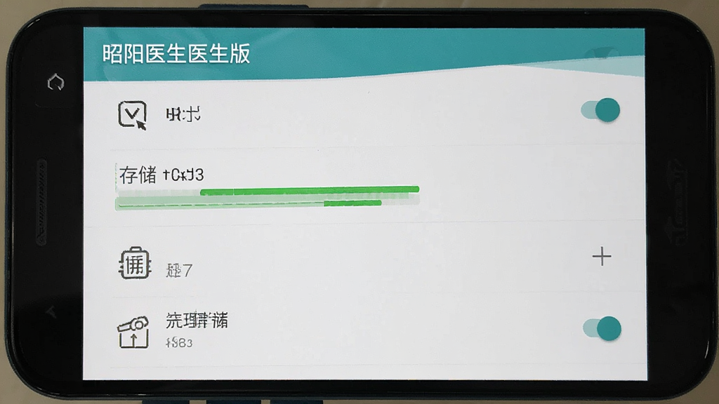 一张表现昭阳医生医生版在安卓手机上运行设置界面的生图,主体为手机屏幕显示权限管理与存储清理选项,布局为纵向列表,排版采用设置菜单风格,风格为简洁系统工具风,细节包括开关按钮、存储条、缓存清理图标,画质清晰干净无多余元素,图片中文字标注为“昭阳医生医生版”