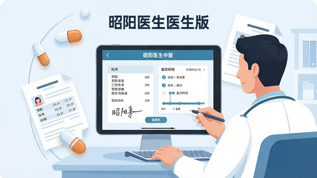 一张表现昭阳医生医生版在线复诊功能的AI生图,主体为医生坐在电脑前使用平板查看患者复诊申请,布局为中央平板屏幕显示处方开具界面,周围环绕虚拟药丸和病历文档,排版采用中心聚焦式,风格为简洁医疗插画风,细节包括电子签名、药物名称列表、复诊时间轴,画质高清干净无多余元素,图片中文字标注为“昭阳医生医生版”