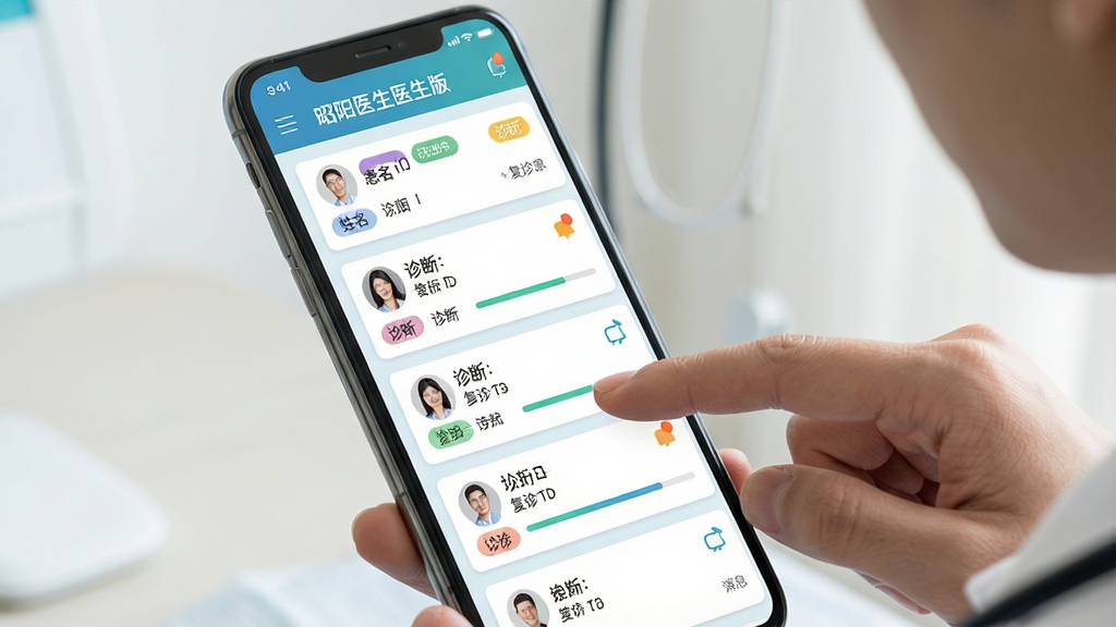 一张展示昭阳医生医生版患者档案管理界面的生图,主体为医生手指滑动手机屏幕查看患者档案卡片,布局为纵向列表显示患者姓名、诊断、复诊日期,排版采用卡片式设计,风格为清新扁平化医疗风,细节包括彩色标签、进度条、消息提示图标,画质清晰干净无多余元素,图片中文字标注为“昭阳医生医生版”