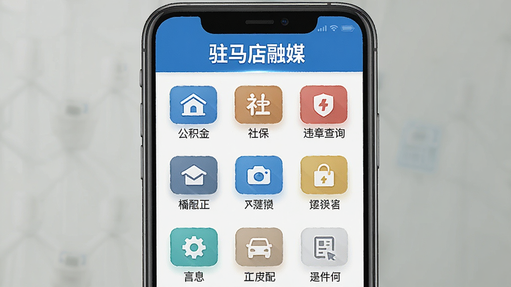 一张展示驻马店融媒便民服务功能界面的预览图,手机屏幕显示服务功能图标网格,包含公积金、社保、违章查询等图标,页面顶部有“驻马店融媒”文字标识,配色为蓝白相间,风格整洁,画质干净,无多余元素
