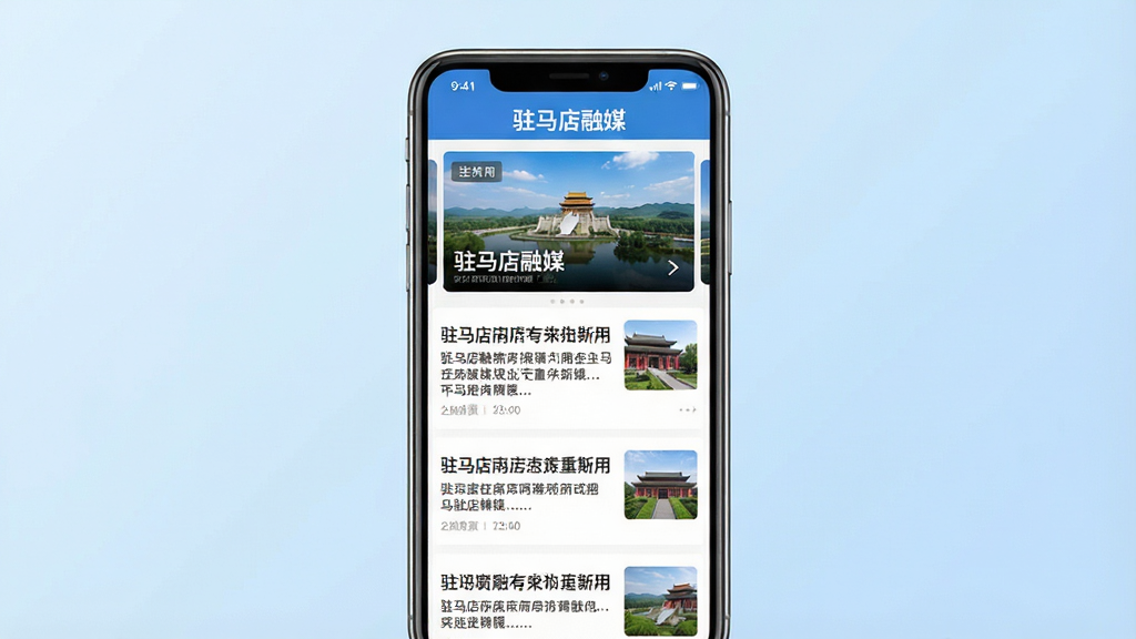 一张展示驻马店融媒手机应用主界面的预览图,画面中央是一部竖屏智能手机,屏幕内显示新闻资讯列表页面,顶部有“驻马店融媒”文字标识,页面包含轮播图区域和新闻卡片,整体布局清晰,背景为浅蓝色渐变,风格简洁现代,画质干净,无多余元素