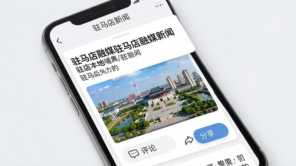一张展示驻马店融媒新闻阅读界面的预览图,画面中手机屏幕显示一篇驻马店本地新闻文章,标题清晰可见,配图展示驻马店城市风貌,页面下方有评论和分享按钮,背景为白色卡片式布局,风格清新简洁,画质干净,无多余元素