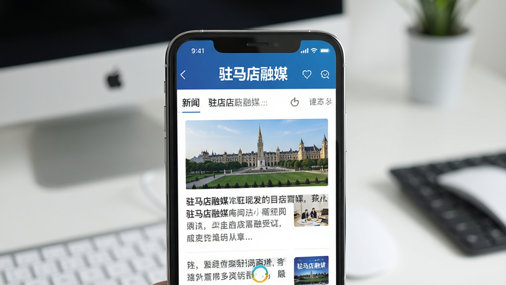 一张展示驻马店融媒在手机上运行效果的预览图,画面中手机屏幕显示新闻详情页面,页面加载流畅,顶部有“驻马店融媒”文字标识,周围环境为简洁桌面背景,风格写实,画质干净,无多余元素