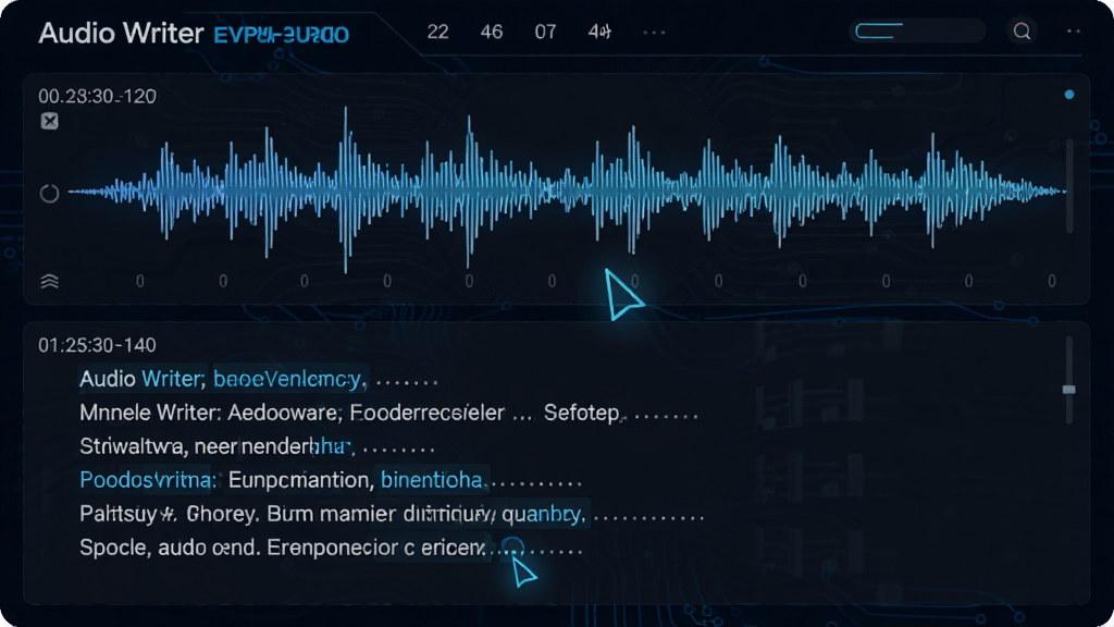一张展示 Audio Writer 智能语音转写过程的示意图,主体为音频波形与对应文字逐句生成的效果,布局采用上下结构,上方为波形图,下方为文字段落,排版清晰,风格为科技感界面,细节包括时间戳数字与高亮光标,画质高清,干净,无多余元素。