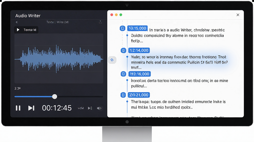 一张展示 Audio Writer 时间戳与文本同步功能的界面图,主体为左右分栏布局,左侧为音频播放进度条与时间数字,右侧为带时间标记的文字段落,排版对称,风格为清爽办公风,细节包括蓝色时间标签与同步高亮效果,画质高清,干净,无多余元素。